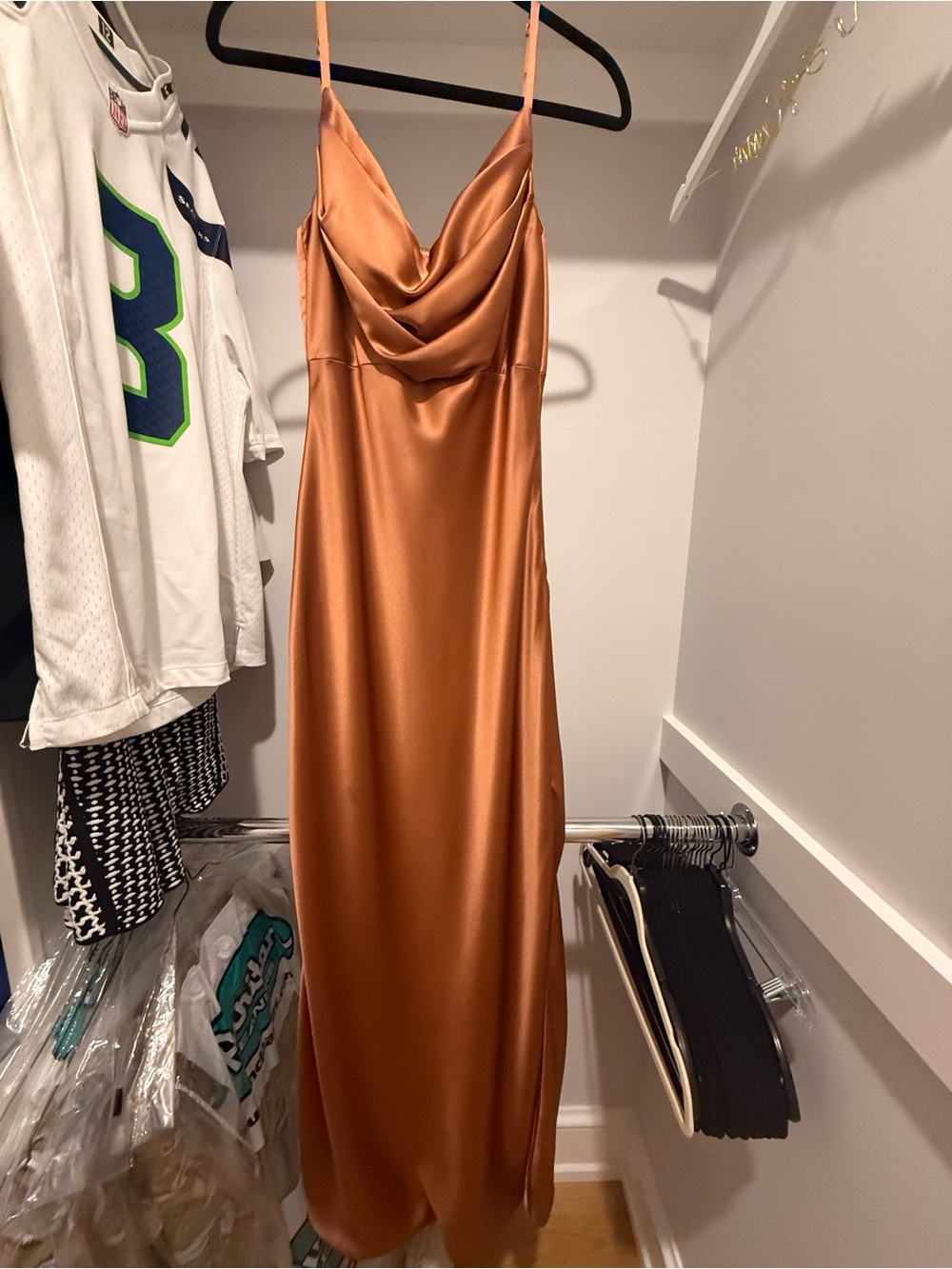 Revelry Satin Cowl Slip Dress in Copper